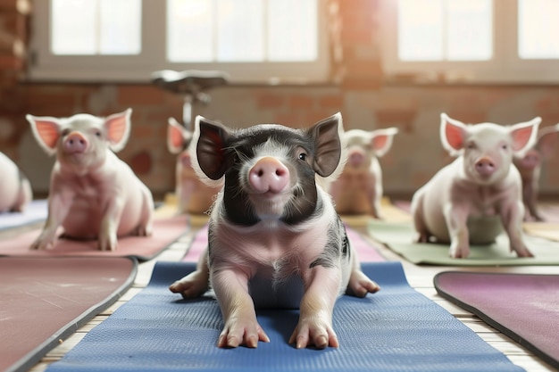 Foto un cerdo está sentado en una alfombra y parece estar meditando cerdo gracioso haciendo posturas de yoga asana