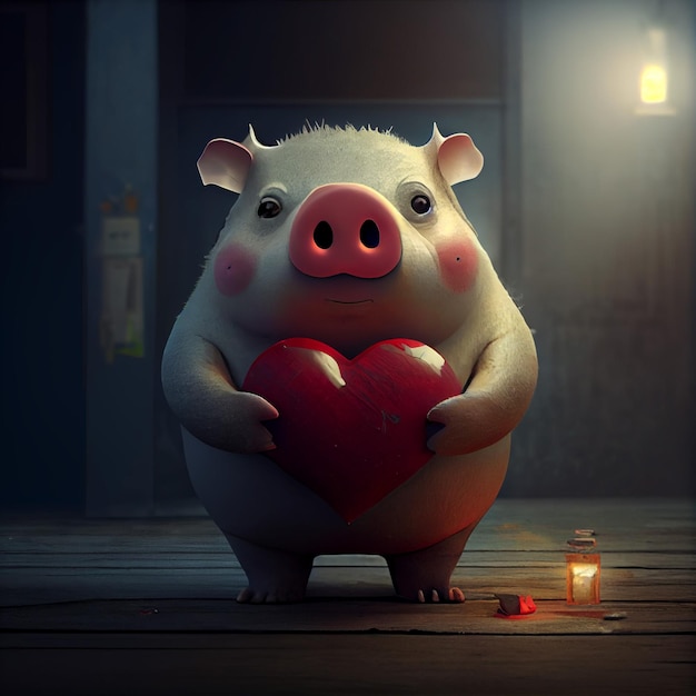 Un cerdo sosteniendo un concepto de amor y esperanza de corazón rojo