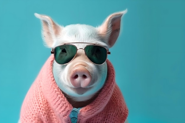 Cerdo con un suéter rosado y gafas de sol Concepto mínimo de estilo de ropa y diversión generada por la IA