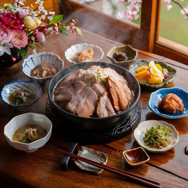 Foto el cerdo de sukiyaki en una mesa de madera