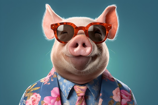 Un cerdo con traje floreado y corbata con una camisa floreada