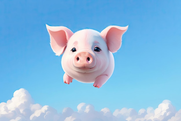 cerdo volador sobre un fondo azul en las nubes ai generativo