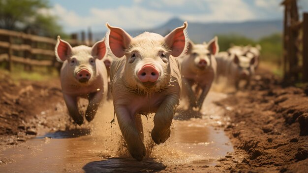 Los cerdos corriendo en el barro