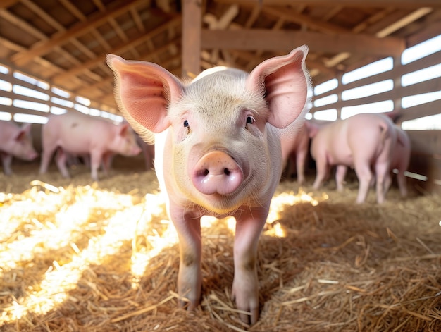 Foto los cerdos esperan para alimentar al cerdo en un patio de la granja. los cerdos en el establo.