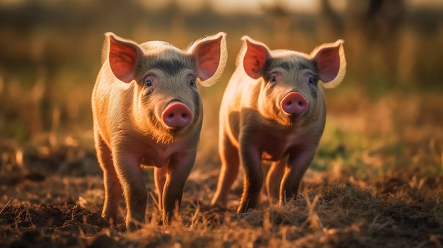 Los cerdos pastan en la granja en el campo El cerdo se alimenta en el prado verde Generado por IA