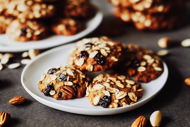 Cereais de café da manhã saudáveis Biscoitos de aveia com muesli passas e nozes no prato