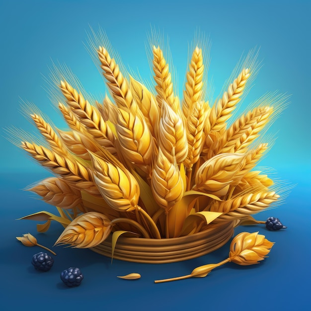 Foto cereais de colheita de trigo outono ícones 3d estilo desenho animado botões brilhantes para interface web educação pré-escolar para crianças copiar espaço fundo isolado