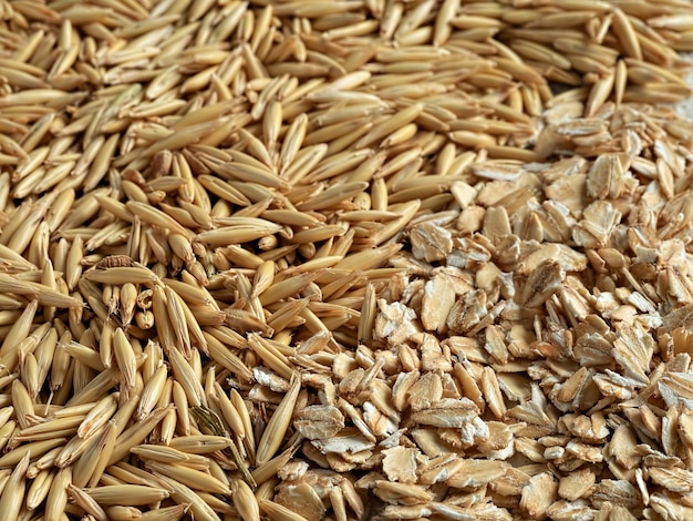 Cereal de avena y stirabout en una mesa de madera. De cerca.