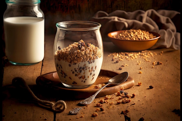 Cereal de café da manhã caseiro granola assada em copo de vidro na mesa de madeira com leite