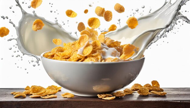 Foto cereal de desayuno en un plato con leche sobre un fondo blanco