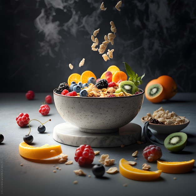 cereal fotográfico em tigela e frutas c em fundo de mármore Fotografia de alimentos