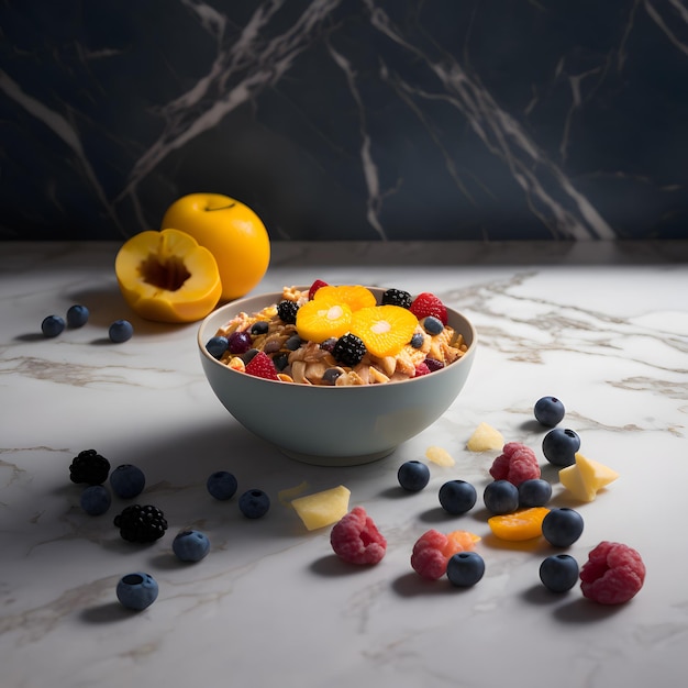 cereal fotográfico em tigela e frutas c em fundo de mármore Fotografia de alimentos