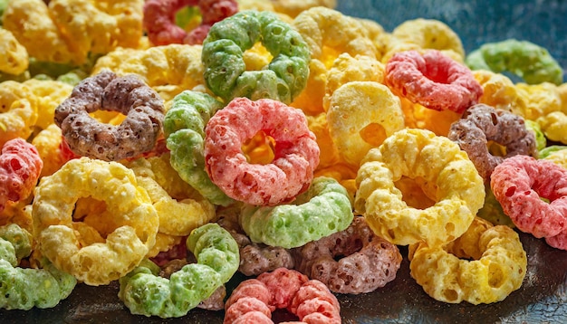 Foto cereales coloridos en forma de anillos sabrosa comida de la mañana