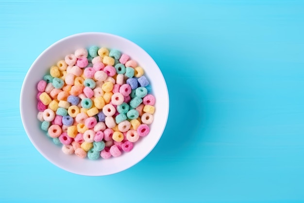 Cereales multicolores en un recipiente con leche vista arriba sobre una mesa azul