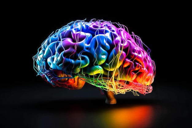 Cérebro abstrato digital cérebro humano Rede neural digital Atividade elétrica pisca e relâmpagos Cérebro artificial luz de néon fundo abstrato