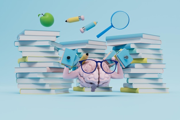 Un cerebro con anteojos sosteniendo pesas de libros junto a montones de libros y material educativo