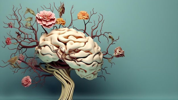 Cerebro artístico con flores florecientes, autocuidado y concepto de salud mental, pensamiento positivo