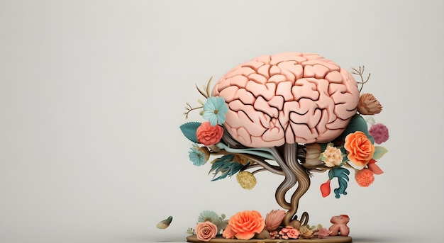 Cerebro artístico con flores florecientes, autocuidado y concepto de salud mental, pensamiento positivo