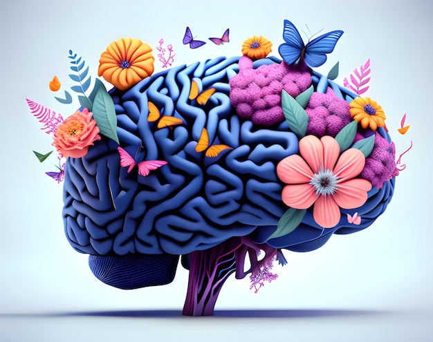 Un cerebro azul con flores y una mariposa en la parte superior.