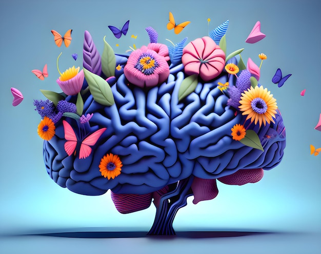 Un cerebro azul con flores.