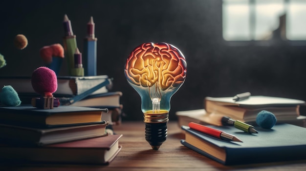Foto cerebro de bombilla de colores con libros y papelería al generado