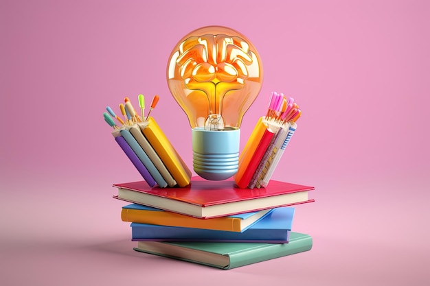 Foto cerebro de bombilla colorida con libros y artículos de papelería concepto educativo generado por ia concepto de fondo de educación de regreso a la escuela con accesorios y artículos escolares que caen y se equilibran