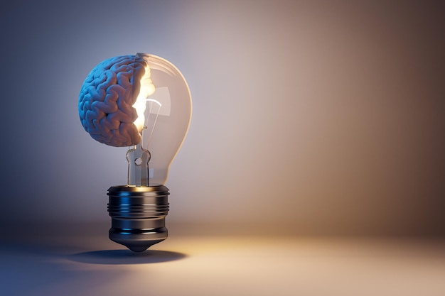 Cerebro en una bombilla contra un fondo de gradiente concepto de idea creativa diseño moderno renderización 3D