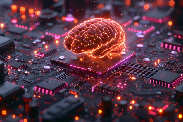 Cérebro brilhante em processador de computador IA generativa