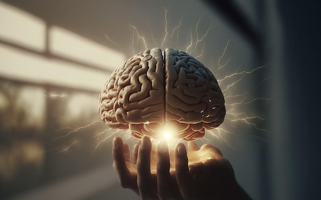 Foto cerebro brillante 3d sobre la mano