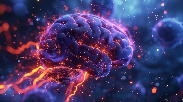 Un cerebro brillante con llamas que salen de él en un fondo oscuro IA generativa