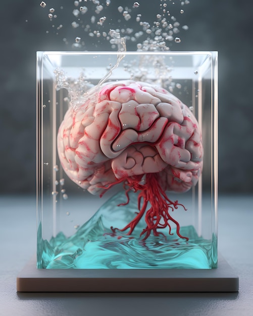 Foto un cerebro en una caja de vidrio con agua corriente