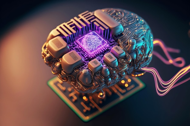 Cerebro cibernético inteligencia artificial a partir de chips con estructuras holográficas brillantes Concepto de tecnología futurista Ilustración de IA generativa