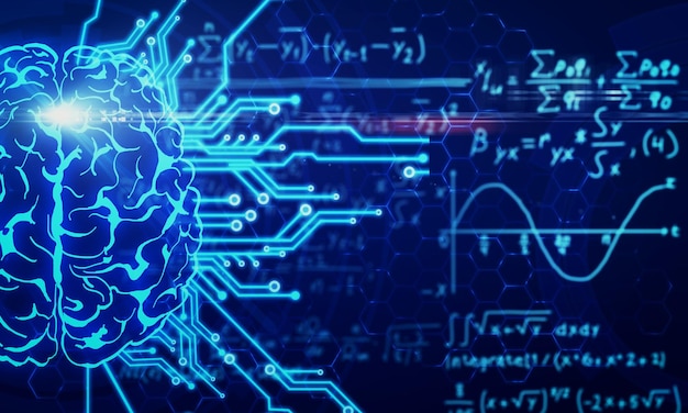 Cerebro de circuito brillante sobre fórmulas matemáticas borrosas fondo AI y concepto matemático Representación 3D