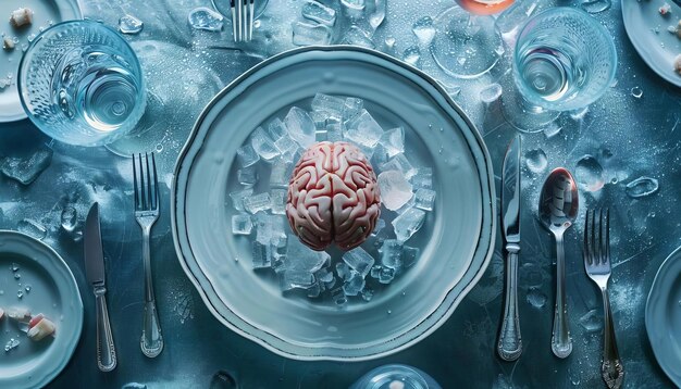 Foto un cerebro colocado en un plato lleno de hielo en una mesa de cena surrealista rodeado de cubiertos congelados