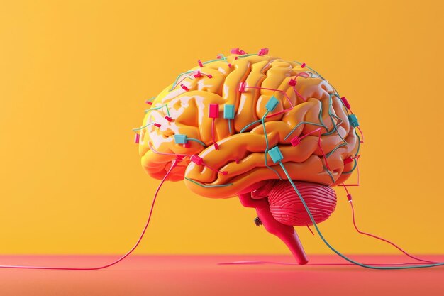 Un cerebro colorido con cables que salen de él