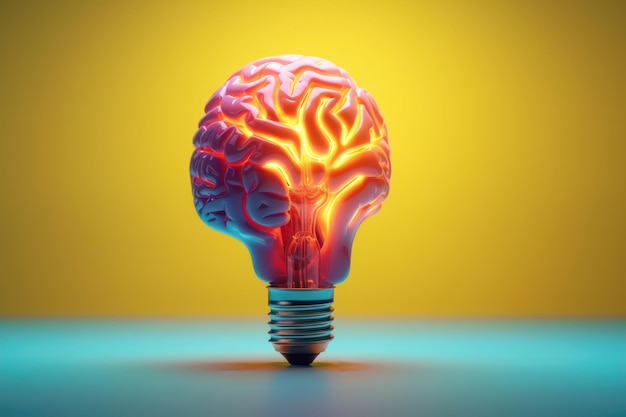 Cérebro colorido com uma lâmpada em fundo amarelo AI gerado
