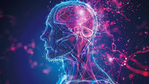 Un cerebro colorido con líneas púrpuras y azules Concepto de creatividad e imaginación