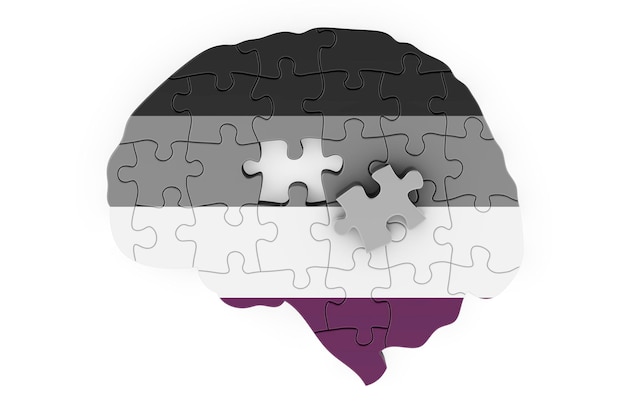 Cérebro com bandeira assexuada renderização 3D isolada em fundo branco