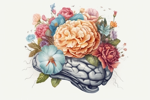 Cérebro com ilustração de flores Conceito de mente criativa criado com IA generativa