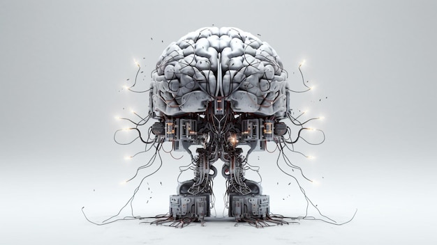 Un cerebro con componentes eléctricos en un fondo blanco IA generativa