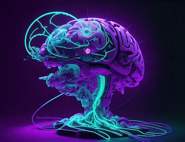 El cerebro, la comunicación neuronal y el concepto tecnológico del cerebro en luces de neón y circuitos electrónicos