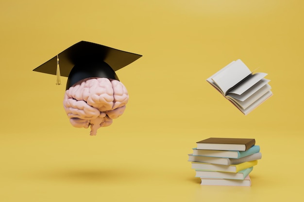 Cerebro de concepto de educación superior en un gorro de graduación cerca de una pila de libros 3d render