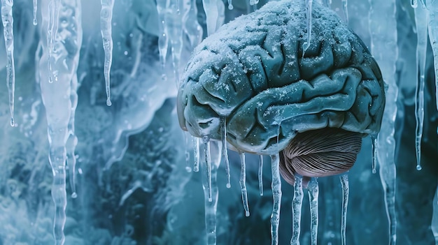 Foto un cerebro congelado rodeado de hielo y colgando del techo parecido a una estalactita fría