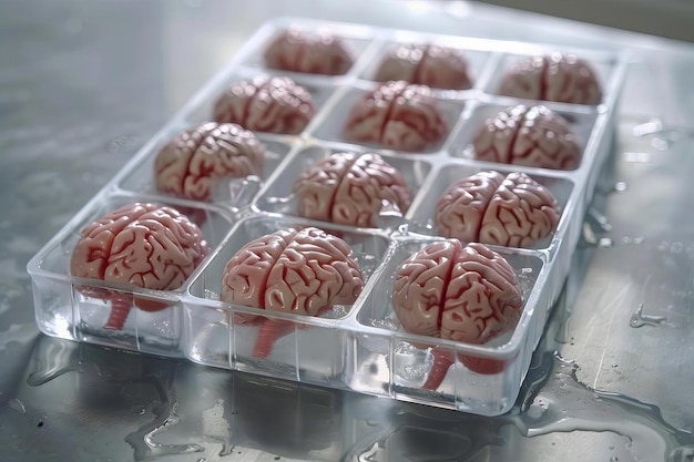 Foto un cerebro conservado en una bandeja de hielo transparente como un conjunto de cubos de ideas congelados listos para ser arrojados a una bebida