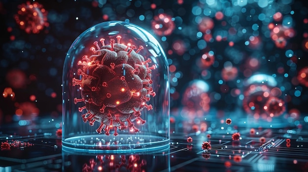 Foto un cerebro con cúpula de vidrio azul atacado por virus rojos concepto de investigación de laboratorio médico estilo poli bajo fondo geométrico azul estructura de conexión de marco de alambre gráfico 3d moderno