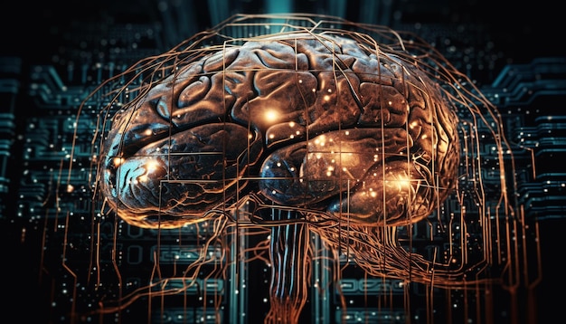 El cerebro cyborg luminoso futurista comunica ideas a través de sinapsis generadas digitalmente generadas por la IA