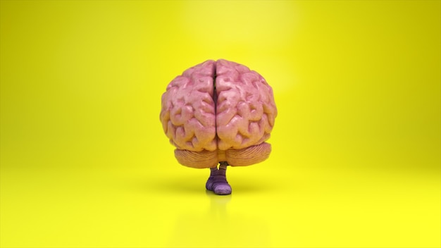 Cérebro dançante sobre um fundo colorido amarelo. Conceito de inteligência artificial. Animação 3D de um loop contínuo