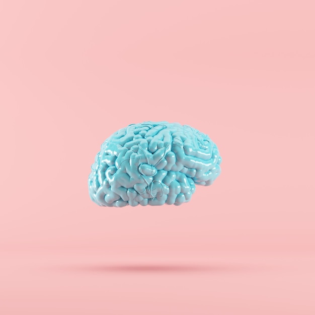 Foto cerebro de cor azul flutuando em fundo rosa renderização 3d ideia mínima conceito criativo