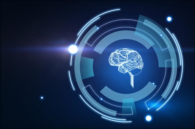 Cérebro de holograma cercado em vários retângulos no conceito de inteligência artificial de fundo azul renderização em 3d