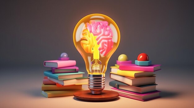 Cérebro de lâmpada colorida com livros e conceito de educação de artigos de papelaria Generative ai